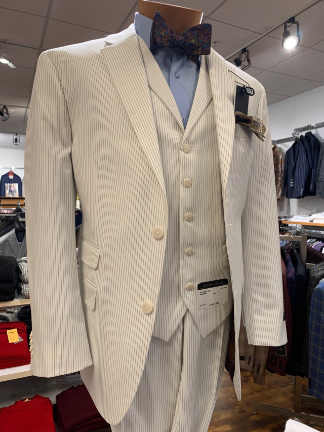 Sean John Men's 3-piece Vested Suit (White with narrow black stripe)
